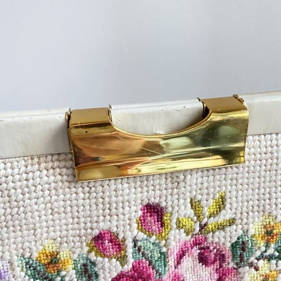 Vintage Ivory  Floral Needlepoint Pretty Cute Top Handle Bag - Picture 5 of 11